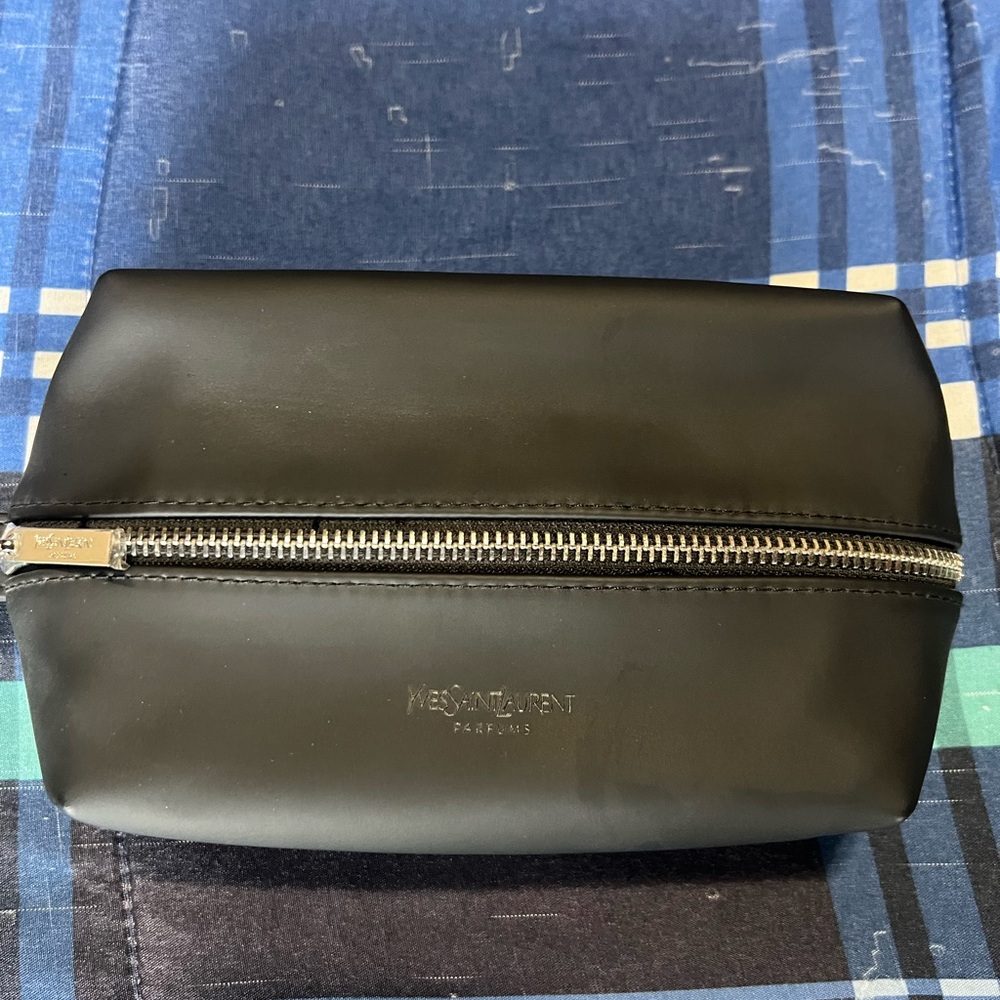 Yves Saint Laurent Black Toiletry Bag with Smooth Leather and Gold Zipper